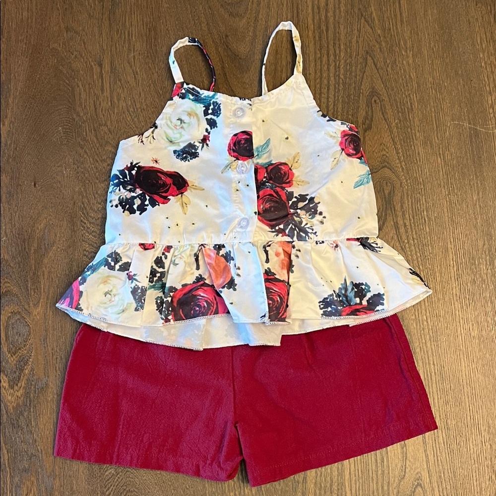 Floral Peplum Top and Red Shorts Set